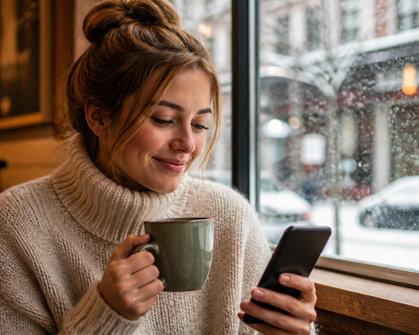 Une femme soulagée utilise son téléphone pour un crédit rapide dans un café à Montréal.