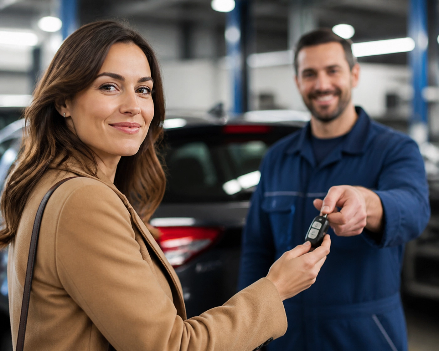 Femme récupérant sa voiture grâce à un prêt mauvais crédit pour une réparation mécanique urgente.