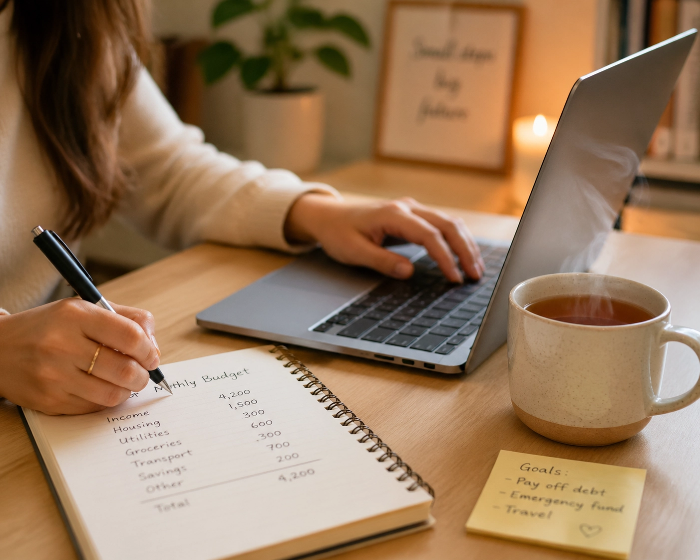 Hands using a laptop and notebook to organize a no credit check loan canada application from home.