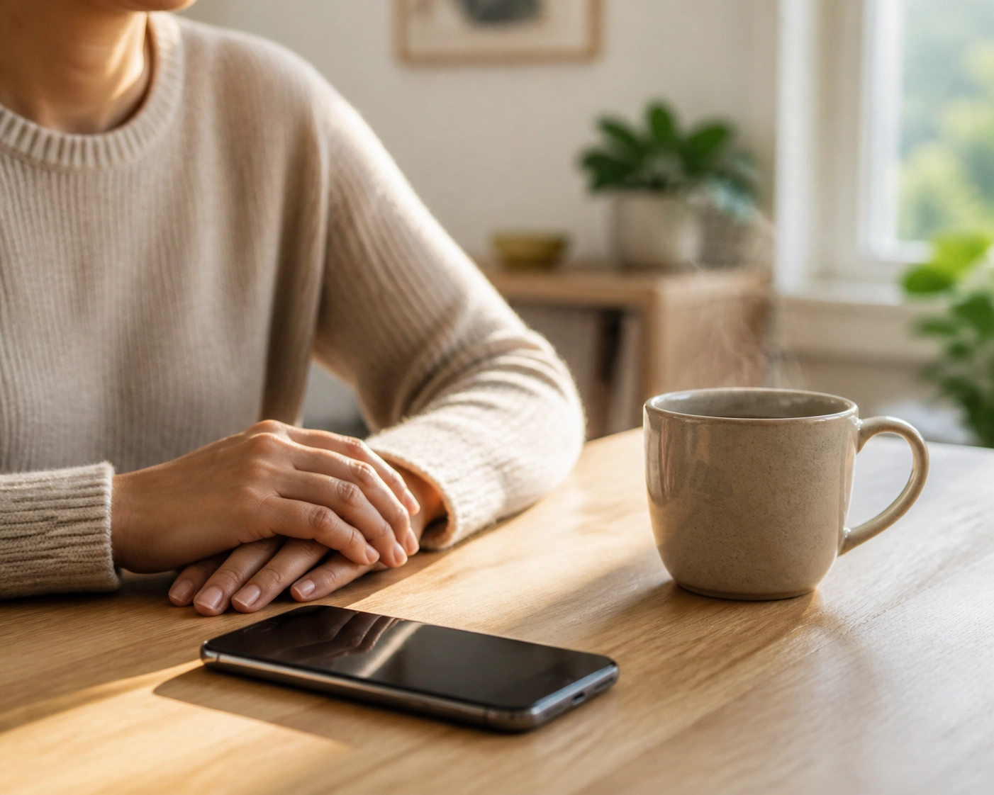 Person applying for a no credit check loan canada on a smartphone at home with a cup of coffee.