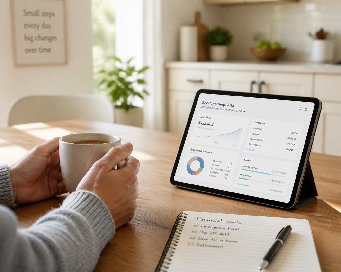Planification budgétaire pour un prêt mauvais crédit avec une tablette et un café le matin.