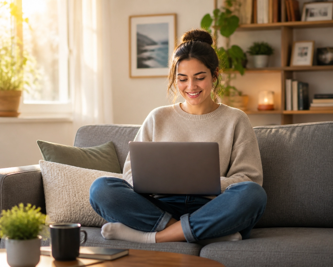 A relieved borrower applying for a bad credit loan canada on their laptop from home.
