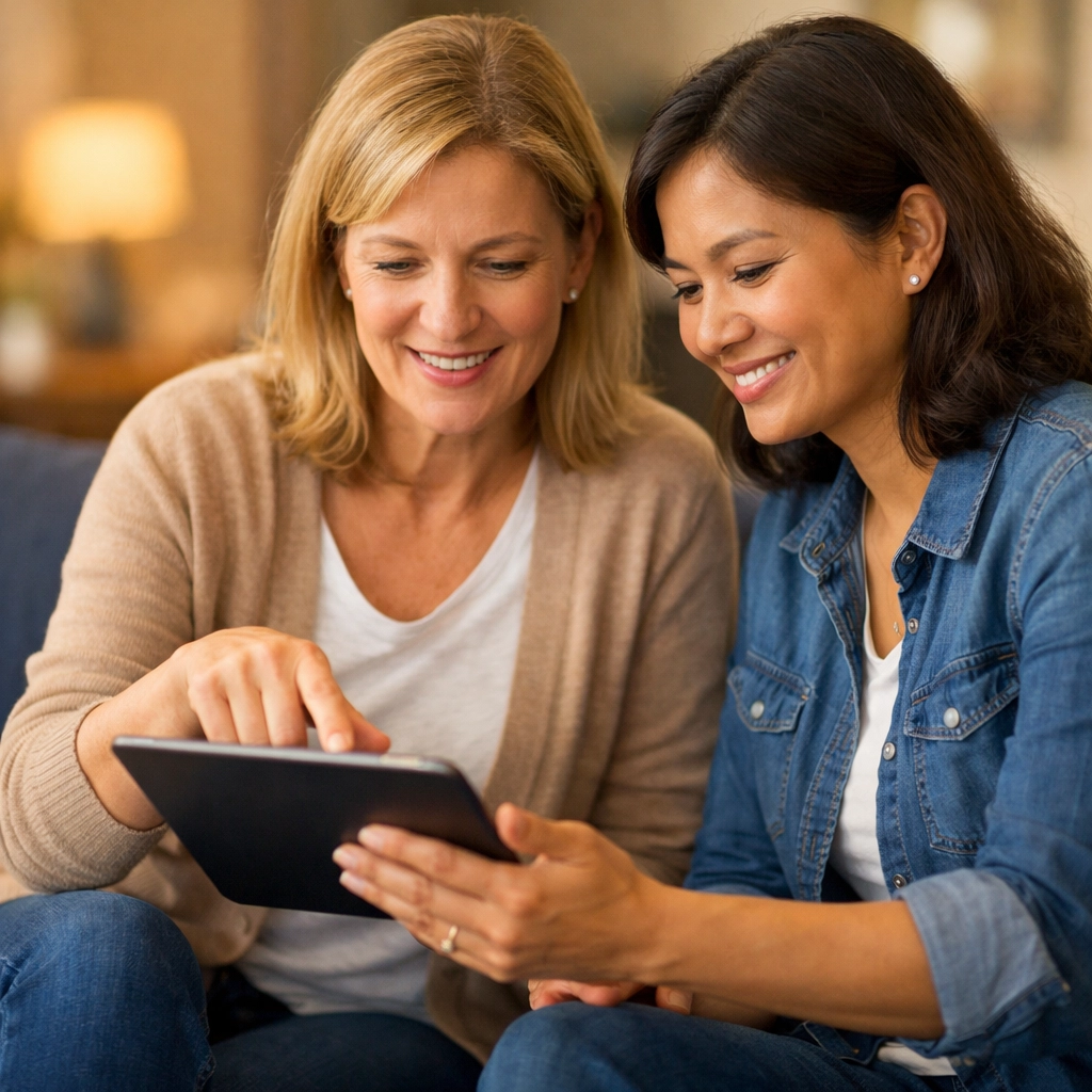 Two people reviewing their no credit check loan canada options together on a tablet in a relaxed setting.