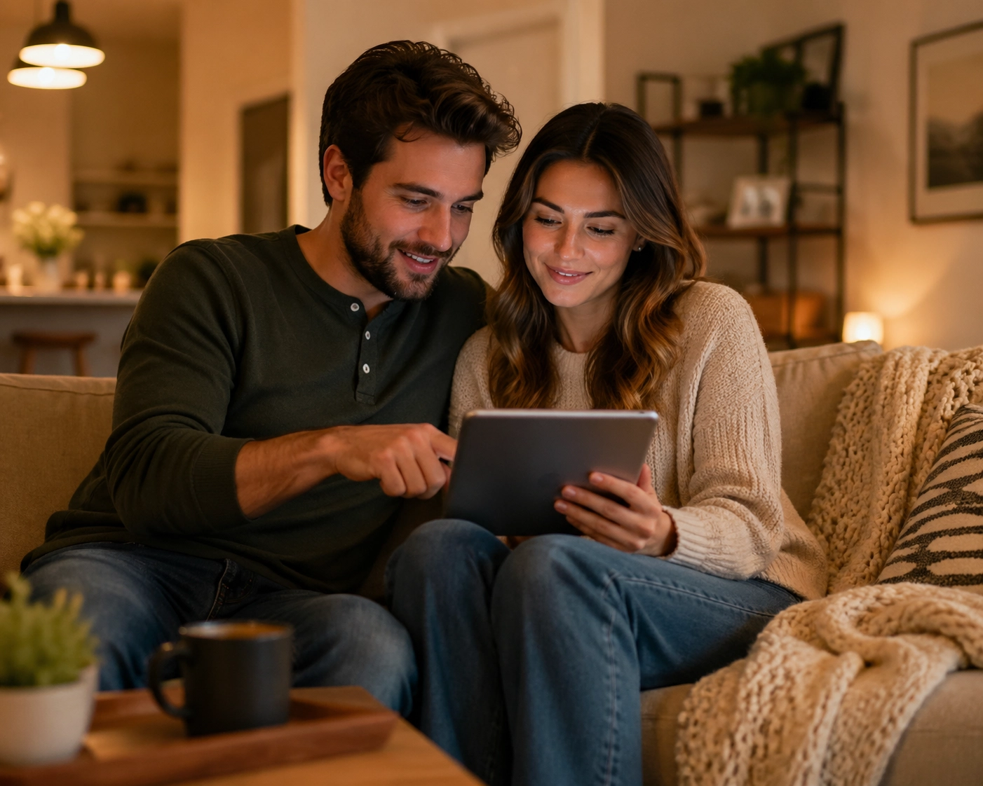 Couple confiant planifiant un budget après un prêt sans enquête de crédit réussi.