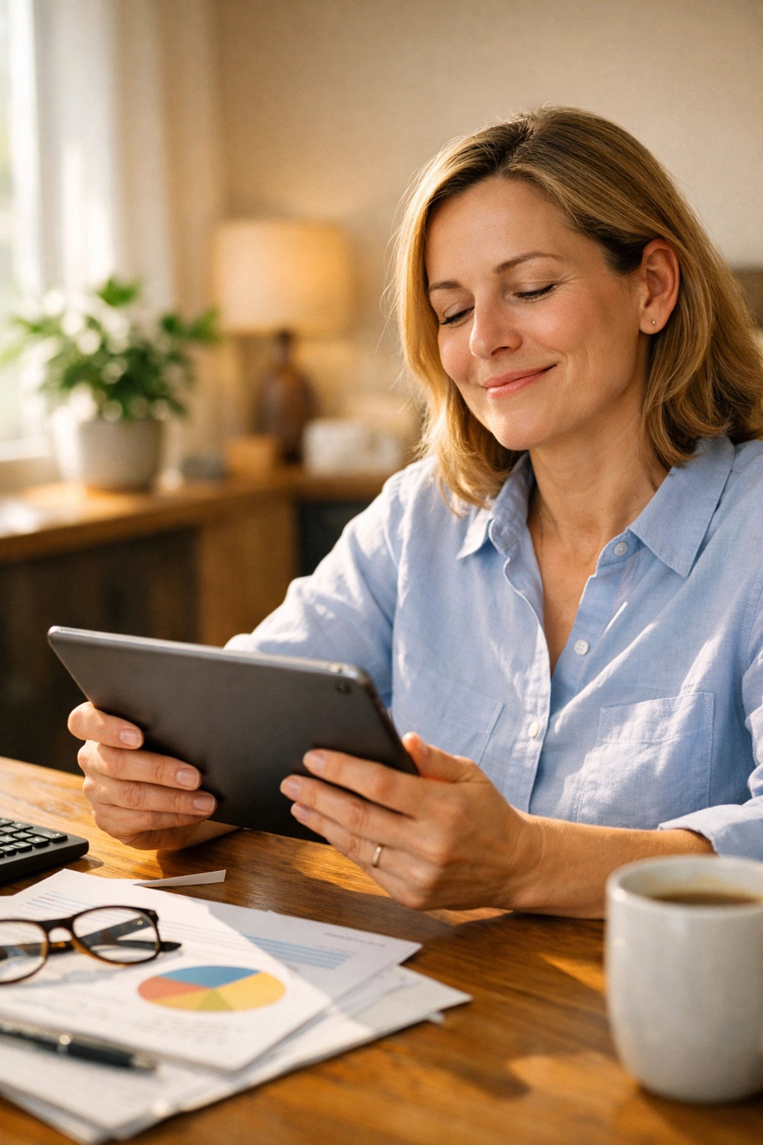 Personne soulagée consultant une offre de prêt sans enquête de crédit sur tablette au Canada.