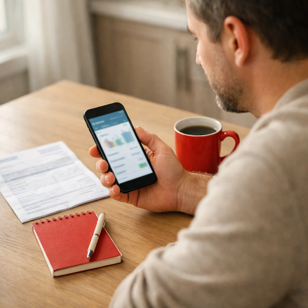 A person reviewing bills while applying for a no credit check loan Canada on a smartphone at home.