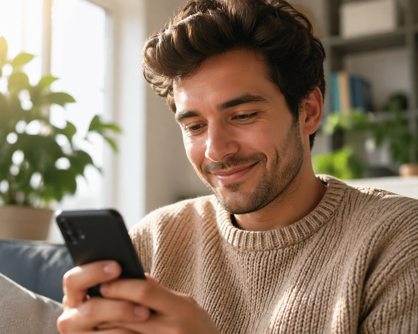 Man feeling relieved while checking his approval for an emergency loan canada on his smartphone.