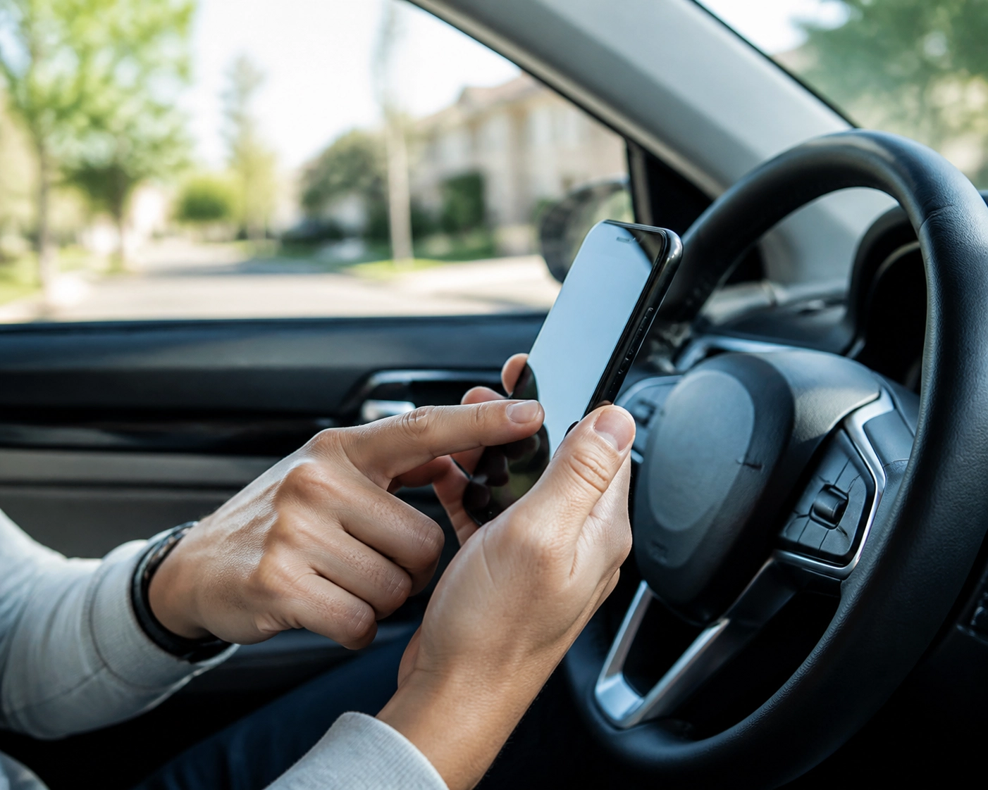 Close-up of hands using a mobile phone in a car for a fast emergency loan canada application.