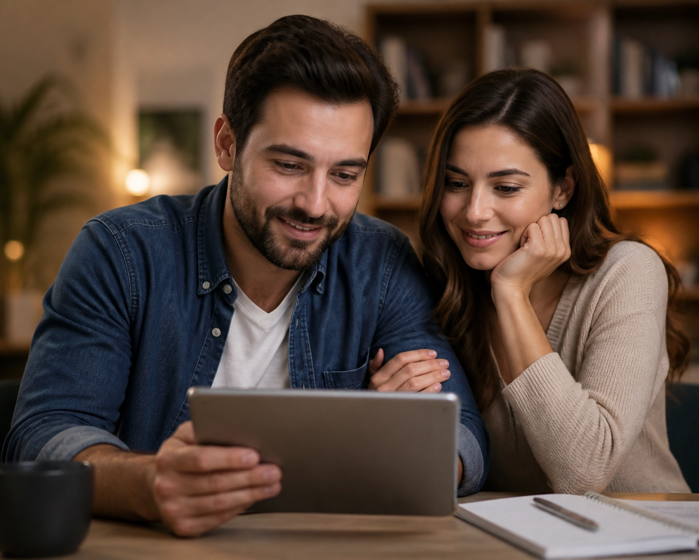 Couple feeling relieved while looking at a bad credit loan canada approval on their digital tablet.