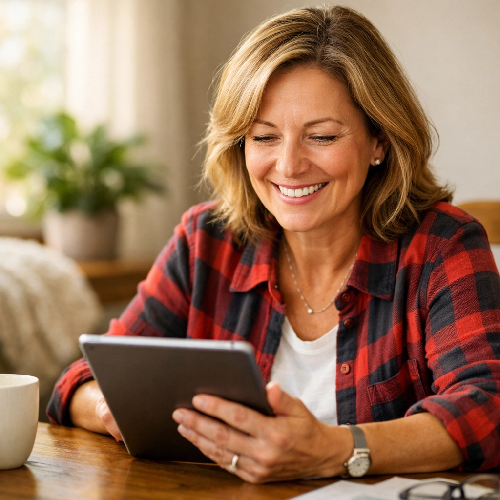 Relieved woman at home applying for a bad credit loan canada on her digital tablet.