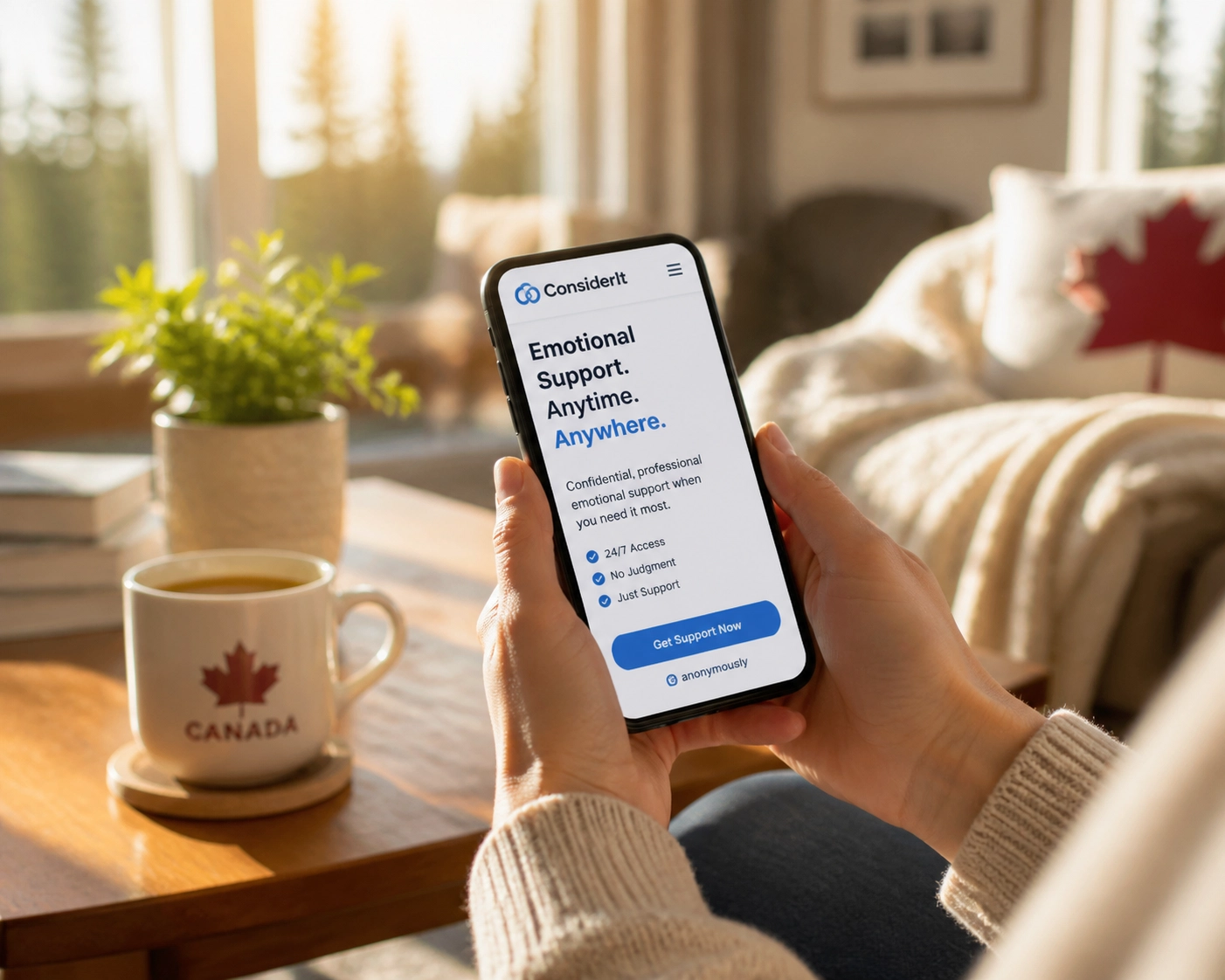 A person applying for a no credit check loan canada on their smartphone in a cozy living room.