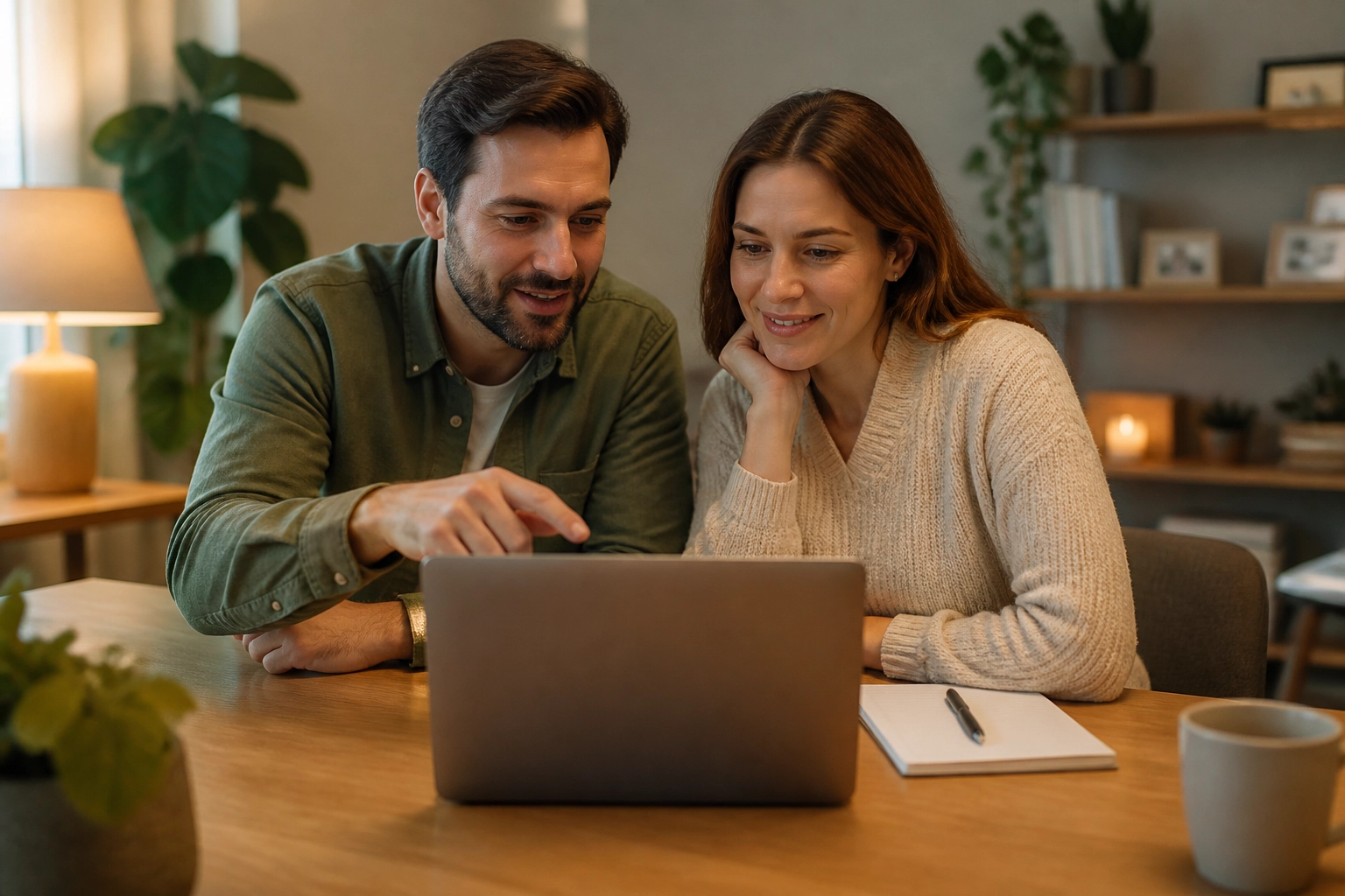 Couple discutant finances avec calme après l'obtention d'un prêt sans enquête de crédit rapide.