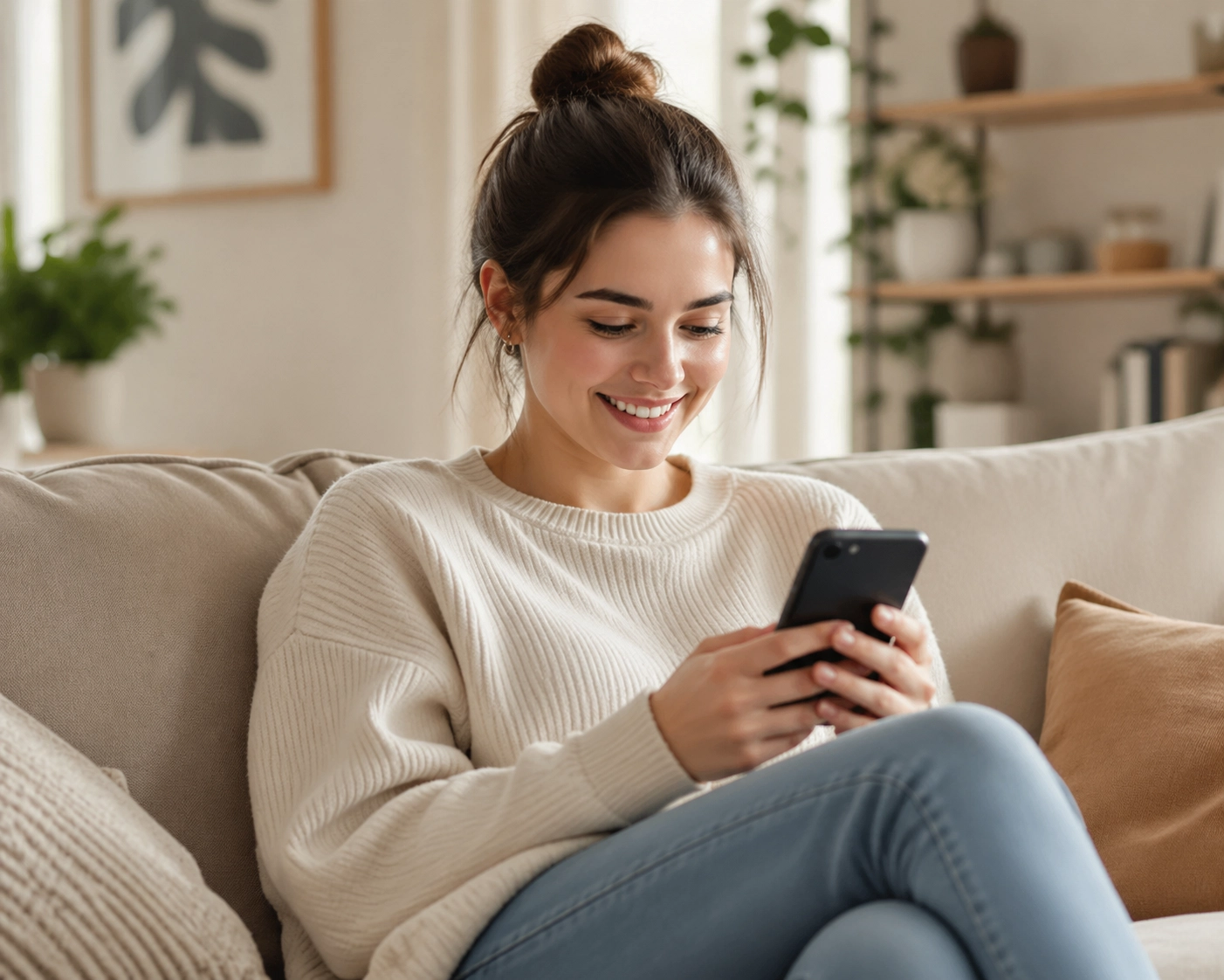 Femme soulagée utilisant son téléphone pour une demande de crédit rapide en ligne.