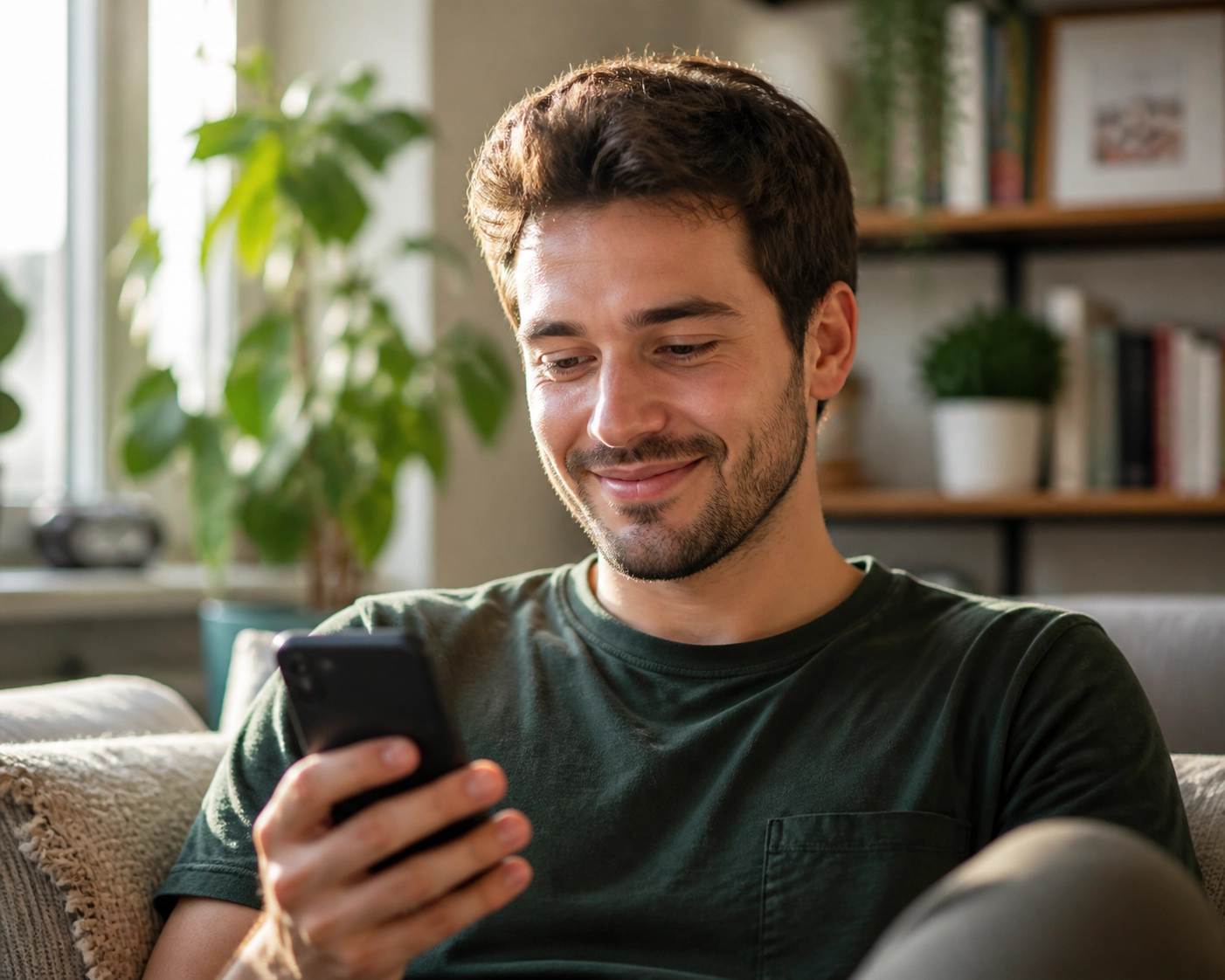 Jeune homme souriant recevant un prêt sans enquête de crédit sur son téléphone portable.