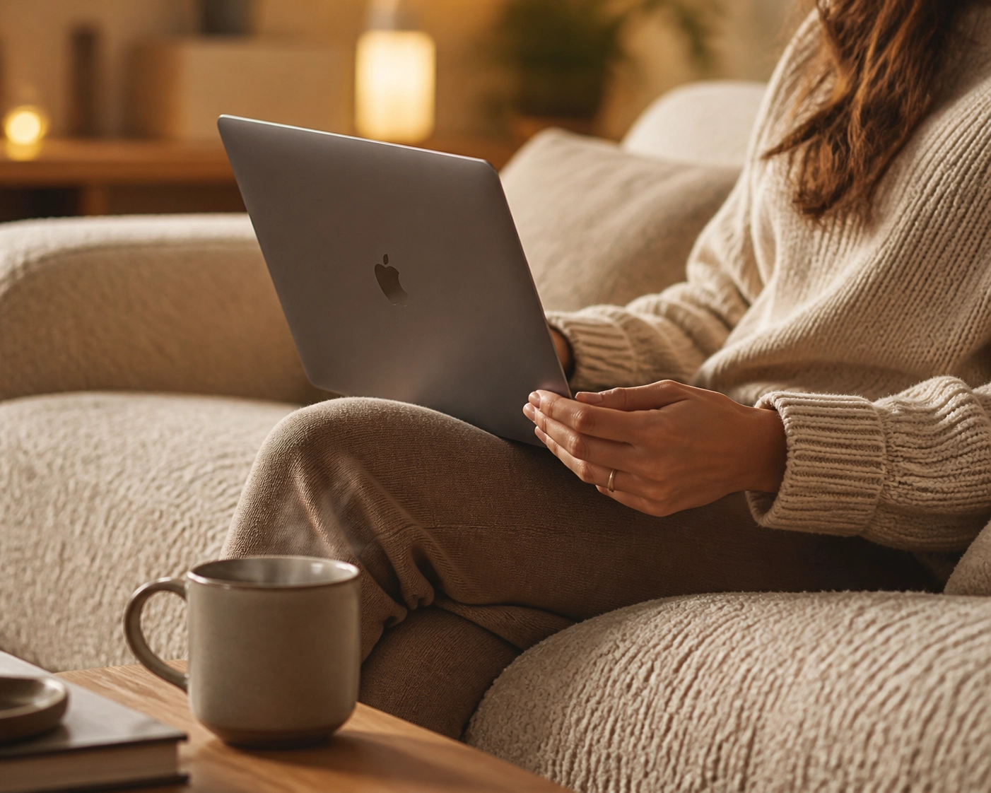 Applying for an emergency loan canada online using a laptop while relaxing on a cozy living room sofa.