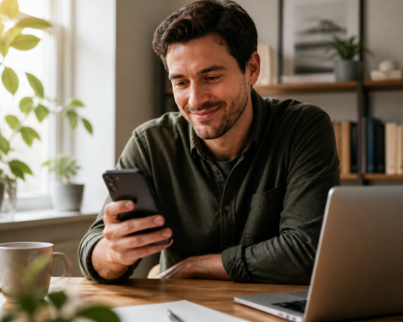 Relieved person viewing a no credit check loan canada approval on their smartphone in a home office.
