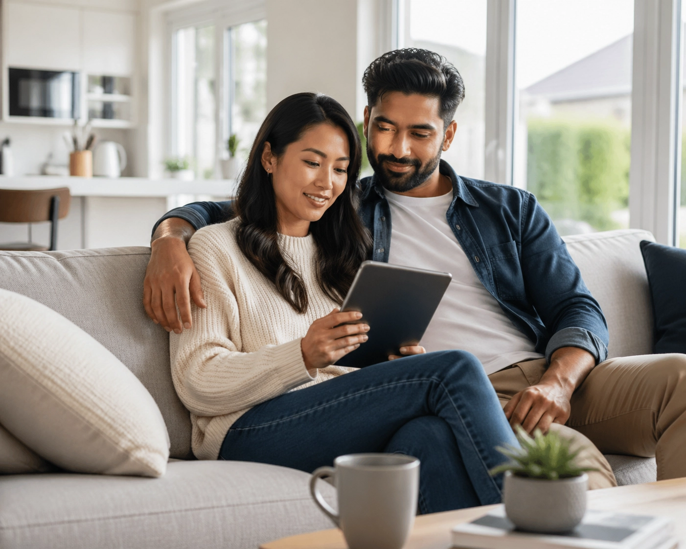 Diverse couple feeling confident while reviewing their bad credit loan canada options on a tablet.