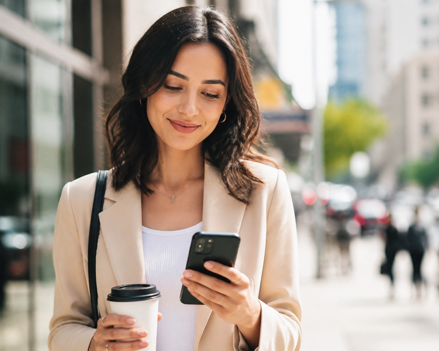 Confident person in a bright urban setting viewing an e-transfer from a bad credit loan canada on their phone.