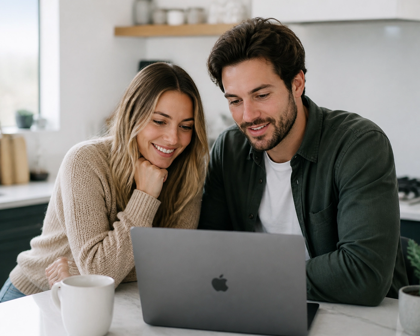 Relieved Canadian couple using a laptop to find a bad credit loan canada solution from home.