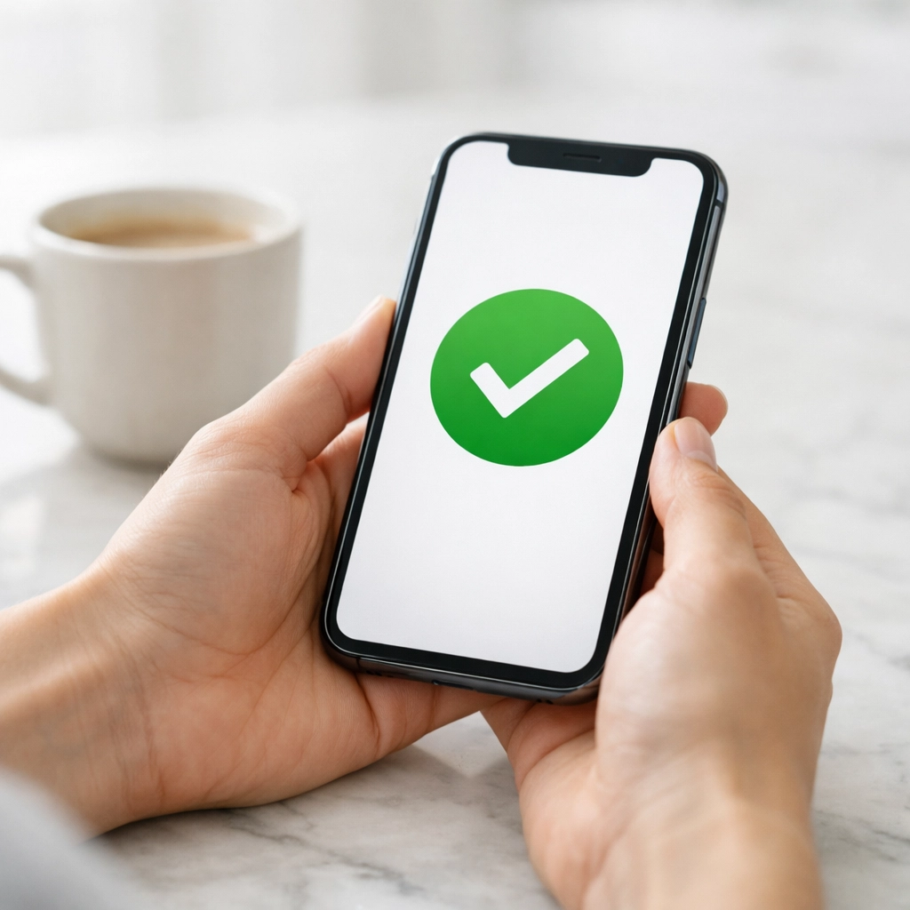 Mains tenant un smartphone affichant le succès d'une demande de crédit rapide en ligne.